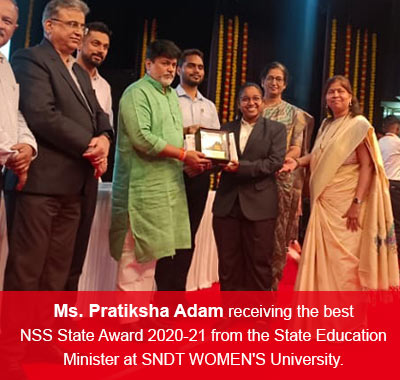 Ms. Pratiksha Adam receiving the best NSS State Award